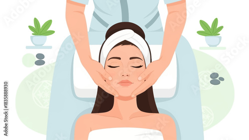 Young beautiful girl having face massage relaxing in spa salon. Flat vector illustration