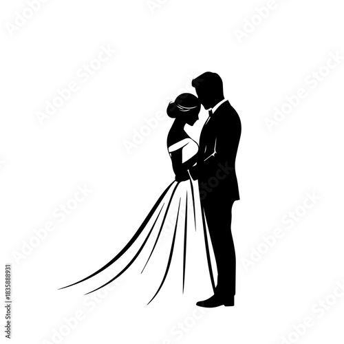 Silhouette of a bride and groom embracing on their wedding day, elegant design