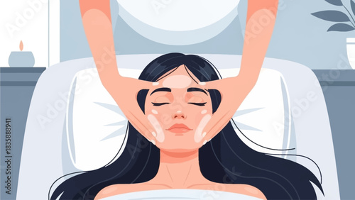 Young beautiful girl having face massage relaxing in spa salon. Flat vector illustration
