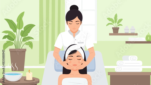 Young beautiful girl having face massage relaxing in spa salon. Flat vector illustration