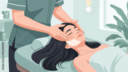 Young beautiful girl having face massage relaxing in spa salon. Flat vector illustration
