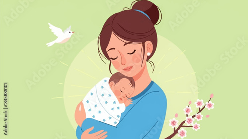 Parenting and new life concept. Mother holding newborn baby boy in her arms.. Flat vector illustration