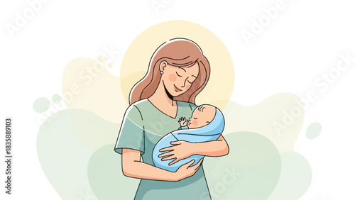Parenting and new life concept. Mother holding newborn baby boy in her arms.. Flat vector illustration