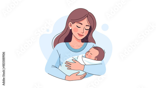 Parenting and new life concept. Mother holding newborn baby boy in her arms.. Flat vector illustration