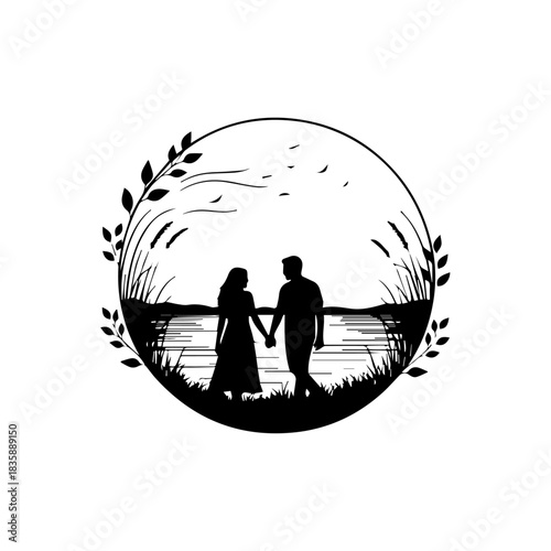 Romantic silhouette of a couple holding hands in a serene lakeside landscape scene