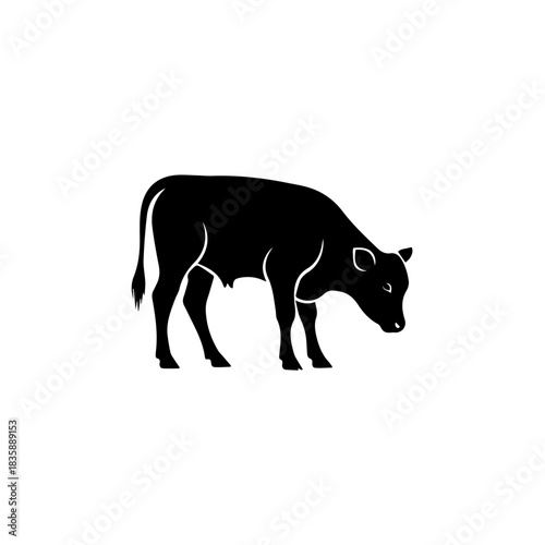 Black Silhouette of a Cow Grazing - Minimalist Livestock Icon on White