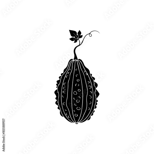 Black and White Bitter Melon Simple Silhouette of a Unique, Textured Vegetable