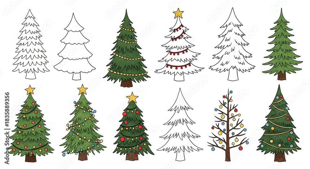 Obraz premium Christmas Tree Collection Hand Drawn