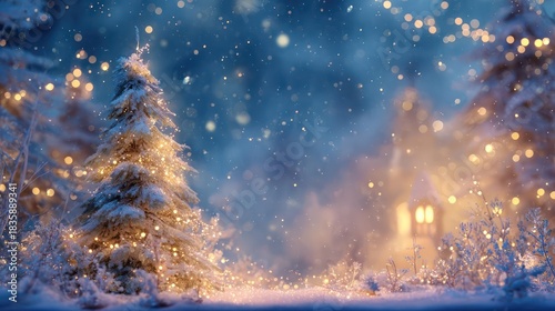 Magical winter forest scene illuminated by glowing fairy lights and falling snow creating a festive holiday atmosphere