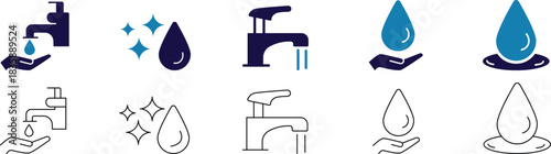 Flat clean water icon set featuring safe drinking, filtration, purification, conservation, sanitation, droplets, supply, and sustainability vector symbols