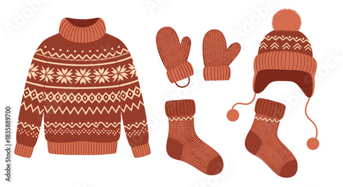 Stay cozy with a festive winter collection featuring a warm sweater, mittens, hat, and socks for holiday cheer and winter adventures