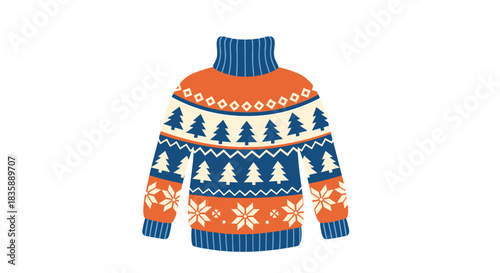 Cozy Christmas sweater with festive tree and snowflake pattern brings holiday cheer, perfect for winter celebrations and warm seasonal greetings