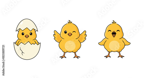 Adorable cartoon baby chicks hatching and winking, perfect for Easter designs, children's books, or spring themed creative projects
