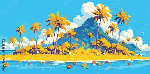 鮮やかな青空と太陽の光を浴びたヤシの木が茂る熱帯の島、バカンスの風景を描いたベクターイラスト