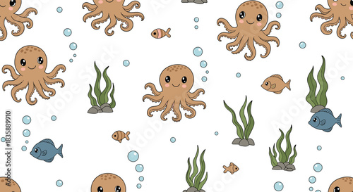 Adorable underwater world pattern featuring cute octopuses, playful fish, seaweed, and bubbles for charming kids' designs and delightful nursery decor