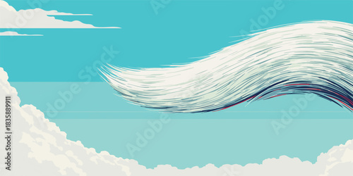青空を流れる白い巨大な龍の尾のような雲のベクターイラスト、幻想的でダイナミックな表現