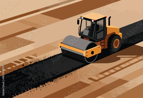 An illustration depicting a steamroller laying down asphalt on a newly prepared road surface