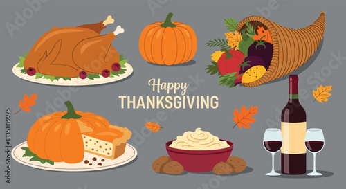 Celebrate Thanksgiving with a stunning holiday spread featuring turkey, pumpkins, pie, wine, and a bountiful cornucopia of seasonal delights