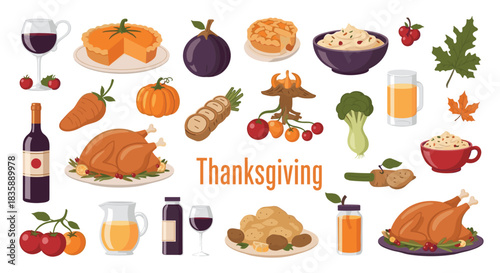 Festive Thanksgiving feast illustration for holiday promotions and family dinner invitations, perfect for autumn celebrations and seasonal marketing campaigns