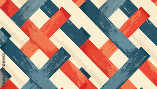 レトロな雰囲気の赤と青の斜めストライプが交差する幾何学的なベクターシームレスパターン。ビンテージ感のある背景やテクスチャデザインに最適で、ウェブや印刷物にも活用できます。