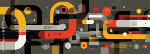 現代的なフラットデザインで描かれた、黄色、赤、黒のパイプや線が複雑に接続されたデータフローとテクノロジーの抽象的なベクター幾何学模様。