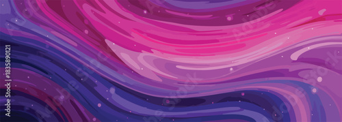 紫とピンクの鮮やかなグラデーションが流れるような曲線を描き、幻想的な雰囲気を醸し出す、宇宙や銀河を思わせる美しいベクター抽象背景。