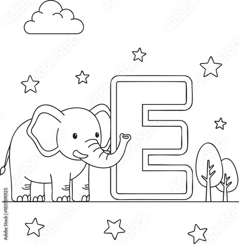 Cute cartoon elephant beside large letter e for alphabet learning children's coloring page