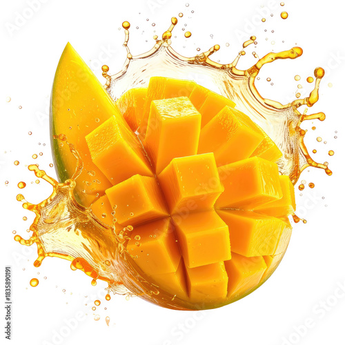 Diced mango fruit with splash, vibrant, fresh, and delicious