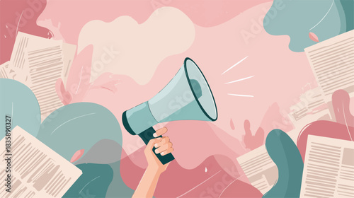 パステルカラーの抽象的な背景に、書類と植物モチーフが散らばる中でメガホンを手に情報発信や告知を行う、広報とビジネスコミュニケーションを象徴するベクターイラスト。