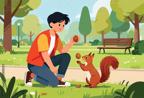 A person kneels, offering nuts to a squirrel in a park. Trees, grass, and a bench compose the background