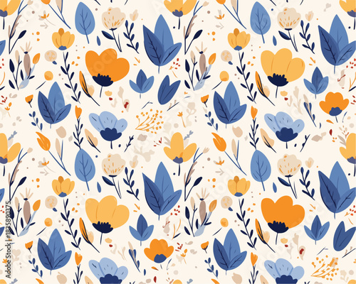 鮮やかな青と黄色の花や葉が散りばめられた、シームレスなベクターデザインパターンは、春や夏の装飾的な背景、テキスタイル、壁紙、ウェブデザインに最適なイラストレーションです。
