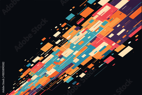 鮮やかな色彩のベクター長方形がダイアゴナルに加速する抽象的なデジタル背景は、未来的なテクノロジー、データフロー、そしてダイナミックな情報伝達の動きを表現するデザインです。