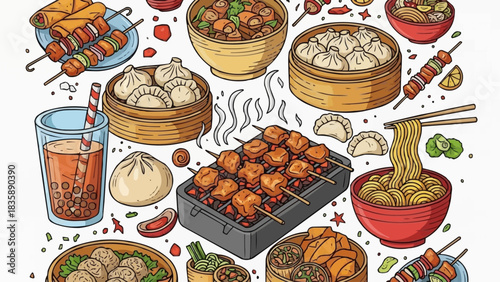 Delicious Asian Street Food Collection with Dumplings Noodles and Skewers.