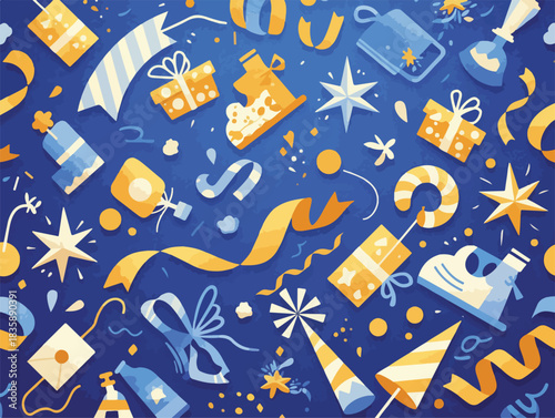 祝祭的な雰囲気を演出する、ギフトボックス、リボン、星、パーティーハットが散りばめられた、鮮やかな青と黄色のベクター背景デザイン。