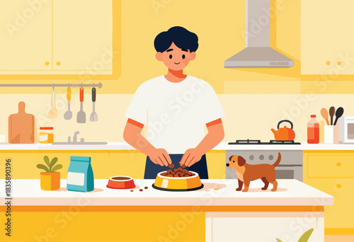 Cartoon man in a yellow kitchen prepares dog food while the eager canine waits nearby