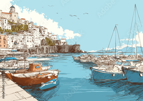 地中海の美しい港町と停泊するボート、丘に建ち並ぶ白い建物を描いた手描き風ベクターイラスト。旅行や休暇の背景に最適です。