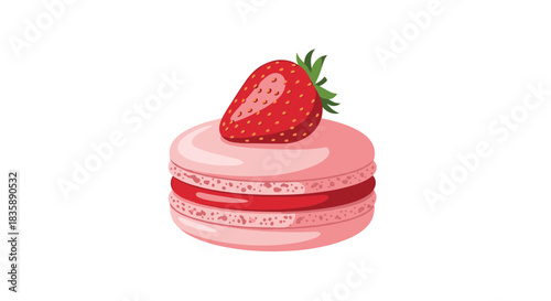 A cute pink strawberry macaron with a jam filling and a fresh whole strawberry garnish on top, isolated on a white background illustration.
