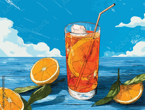 夏の青空と白い雲を背景に、青い木目のテーブルに置かれた氷とオレンジスライスが涼しげなベクターイラストドリンク。爽やかな味わいを想像させるリフレッシュ感あふれる一杯。
