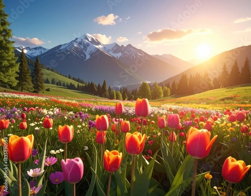Blooming tulips beneath mountains, sunlit spring landscape