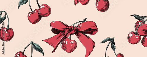 レトロな手描き風の赤いチェリーとリボンが散りばめられた、可愛らしいシームレスなベクターパターン背景素材。ファッション、食品、包装デザインに最適です。