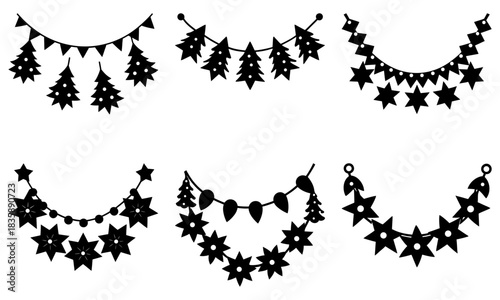 Illustration of six decorative garlands featuring christmas trees stars and pennants in black silhouette style