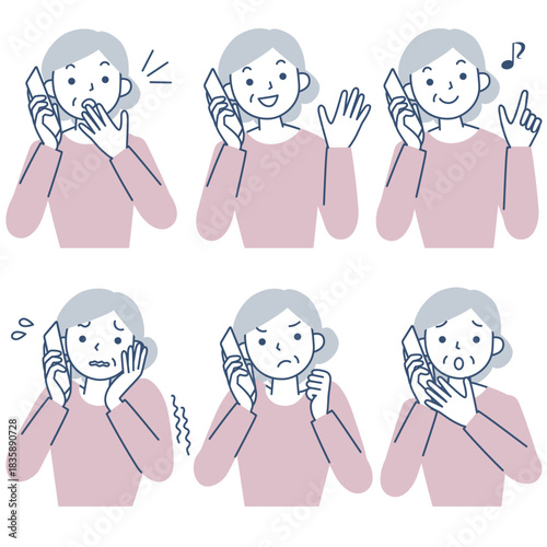 スマホで通話するシニア女性の上半身セット