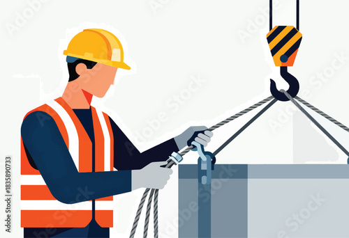 A worker in safety gear handles a crane cable, lifting a rectangular object. Industrial construction concept