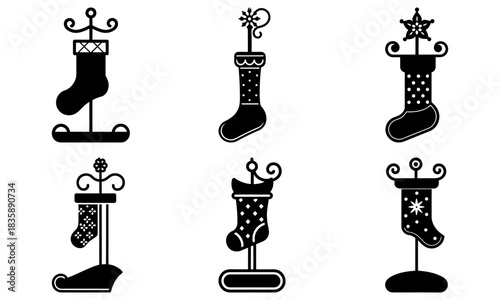 Illustration of six christmas stockings hanging on decorative stands in black and white silhouette style