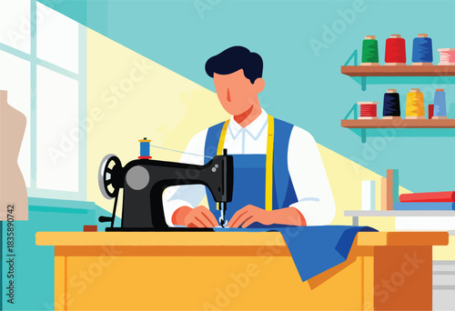 A tailor meticulously sews blue fabric on a table with a sewing machine in a brightly lit room