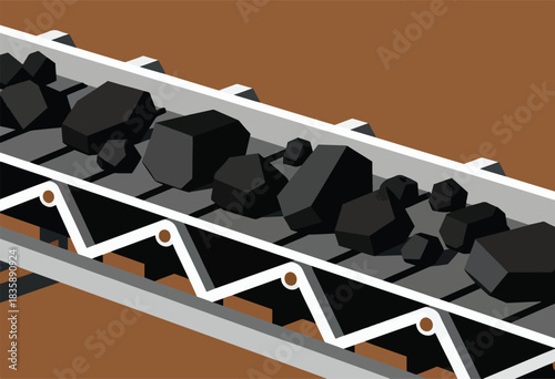 An illustration shows coal rocks transported on an industrial conveyor belt, with geometric shapes and brown tones
