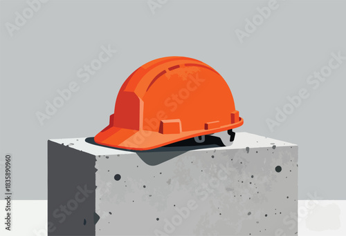 An orange hard hat rests on a concrete block against a grey backdrop, evoking construction site aesthetics