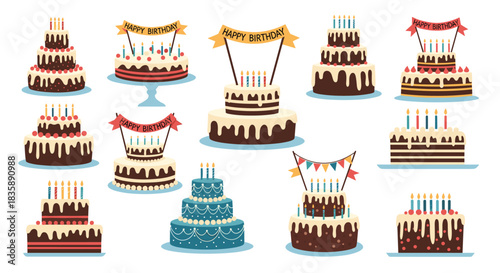 A complete set of festive cartoon birthday cakes, each with multiple tiers, candles, and decorations like banners and frosting.