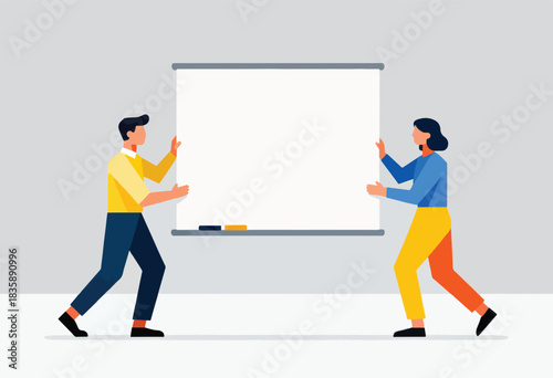 Illustration of two figures standing by a whiteboard in an office. One in yellow, one in blue, simple design