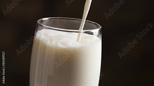 Fresh milk pouring into a glass on a dark background, creating a creamy beverage